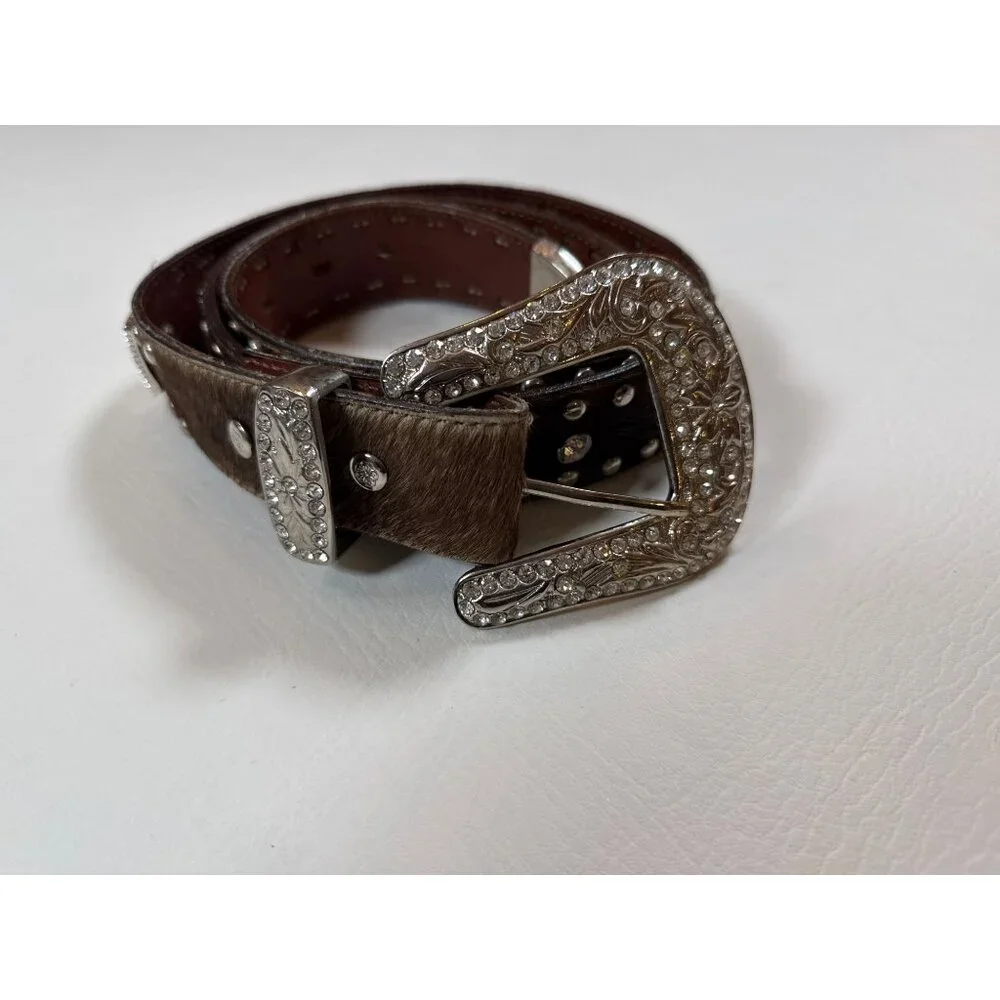 Handcrafted Leather Cowhide Belt Western Style Rhinestones Floral Buckle Design